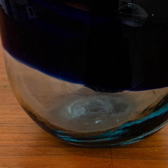 1960s Mid Century Modern Studio Glass Vase Blue and Clear 70s Handblown Rounded Vessel For Sale - Image 5 of 11