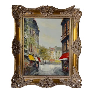 1970’s Vintage Robert Parisian Street Scene Oil on Canvas Painting, Ornate Gilt Frame For Sale