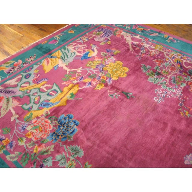 1920s Pink Floral Modern Antique Chinese Art Deco Rug 9' X 11'8" Handknotted Wool Carpet For Sale - Image 9 of 12