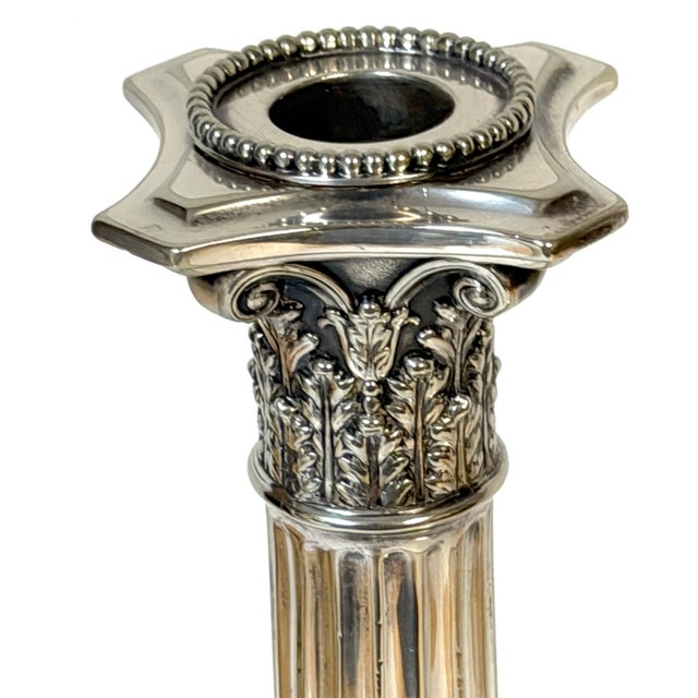 Silver Pair of Sheffield Plated Corinthian Column Candlesticks Attributed to Elkington For Sale - Image 8 of 12