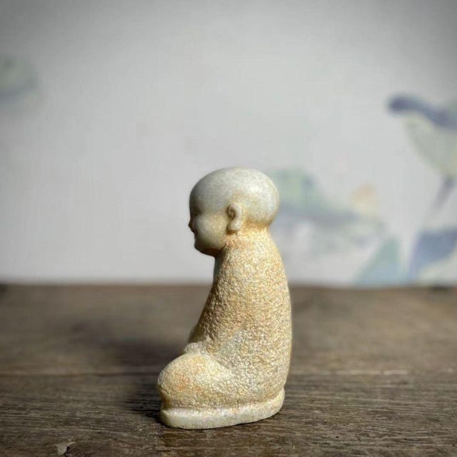 Art Deco Chinese White Marble Seated Young Monk Statue For Sale - Image 3 of 6