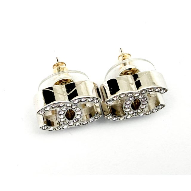 Chanel Chanel Brand New Silver Classic CC Crystal Piercing Earrings, Pair For Sale - Image 4 of 5