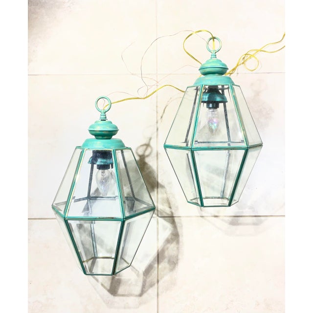1980s Stunning Pair of Vintage Solid Brass & Glass Geometric Hanging Lanterns - a Pair For Sale - Image 16 of 16