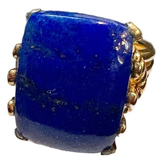 15 Ct Emerald cut Natural Lapis Lazuli Ring in 14 Kt Yellow Gold, Estate Size 7 For Sale