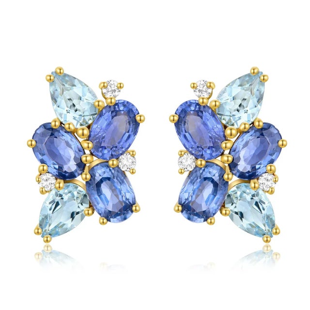 Nina Zhou Sapphire, Aquamarine and Diamond Cluster Pearl Convertible Drop Earrings in 14k Yellow Gold, a Pair For Sale In Los Angeles - Image 6 of 10
