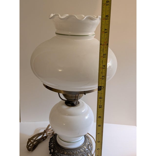 Traditional Vintage Floral Milk Glass Hurricane Parlor Lamp With Ornate Brass Base For Sale - Image 3 of 5