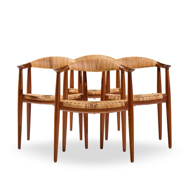 Hans Wegner for Johannes Hansen JH 501 Mid Century Cane and Teak Dining Chairs - Set of 4 Each chair measures: 24.75 wide...