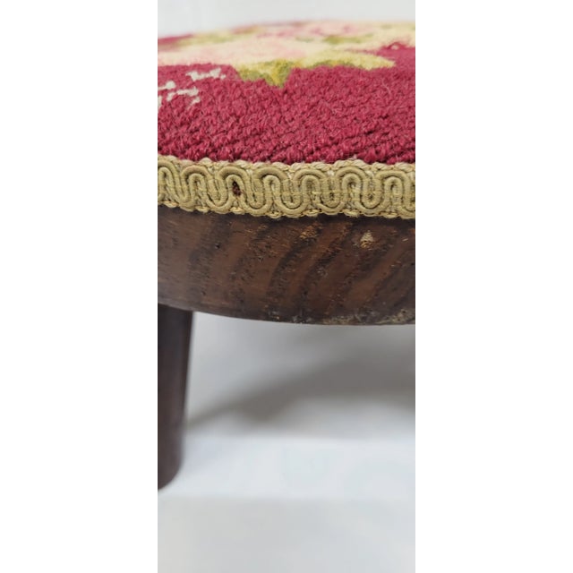 Vintage Needlepoint Footstool, Round Wood, Rustic Farmhouse Folk Art For Sale - Image 6 of 8