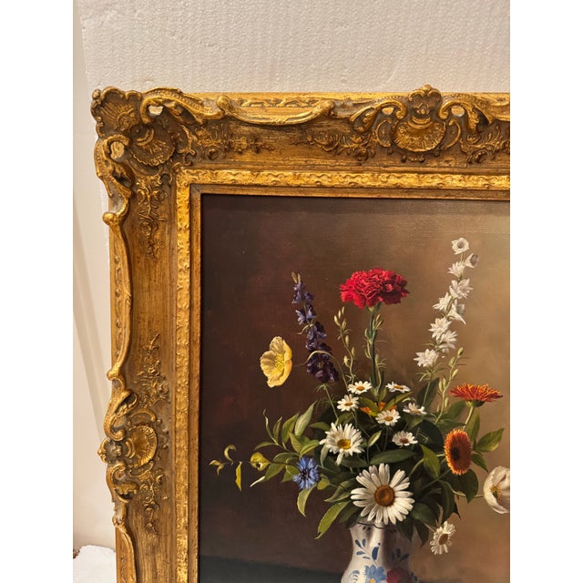 Original G. Becciani 1968 Floral Oil Painting in Hand Carved Gilded Frame For Sale - Image 9 of 12