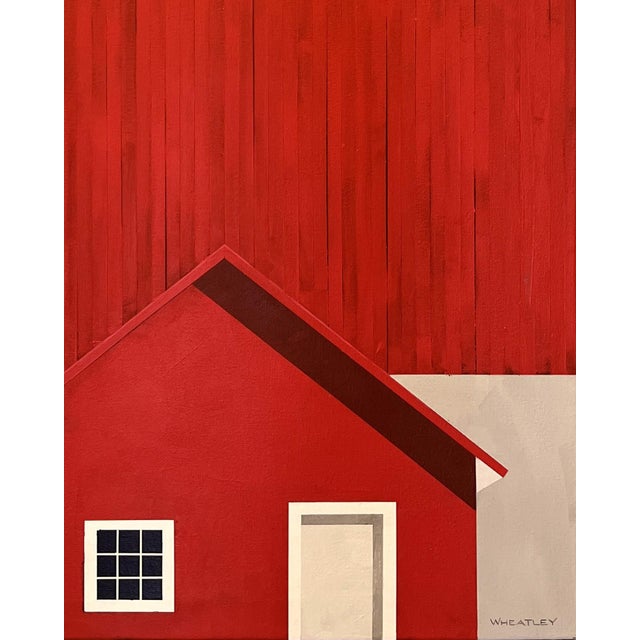 Still the Heartland by Justin Wheatley | Acrylic on Canvas Red Barn With Blue Sky For Sale - Image 4 of 10
