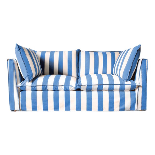 Sophie Conran Coco 2.5 Seater Sofa - Cornish Blue Wide Stripes with Knife Edge Cushion For Sale