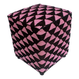 Boho Chic Black/Pink Kilim Upholstered Handmade Ottoman For Sale