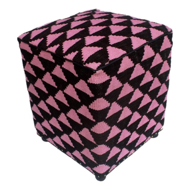 Boho Chic Black/Pink Kilim Upholstered Handmade Ottoman For Sale