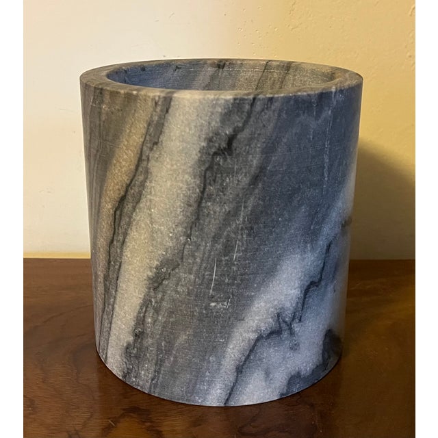 Mid-Century Italian gray marble cylindrical brush pot or wine cooler bottle coaster. Highly figured stone. Beautiful used...