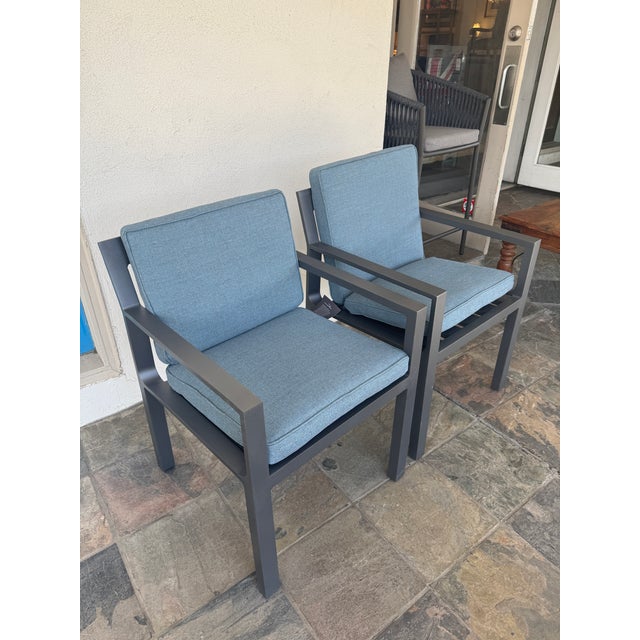 Modern Restoration Hardware Rhodes Aluminum Outdoor Dining Armchairs, Pair For Sale - Image 3 of 12