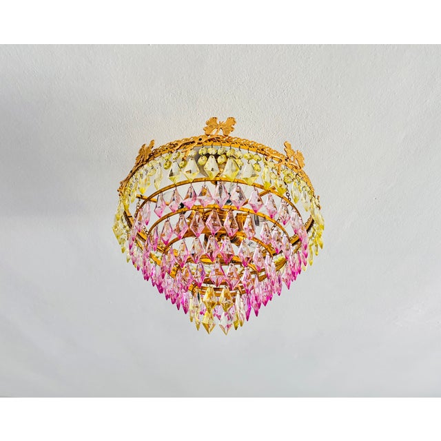1970s 1970s Vintage Brass Butterfly Motif Flush Mount Chandelier With Pink & Green Crystals – 6 Light For Sale - Image 5 of 14