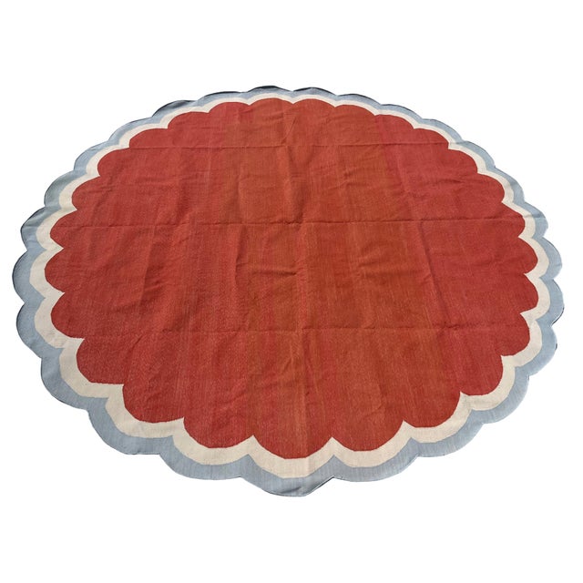 Mid-Century Modern Handmade Cotton Round Scalloped Rug, Terracotta, Cream and Light Blue Round Dhurrie-9' Round For Sale - Image 3 of 13