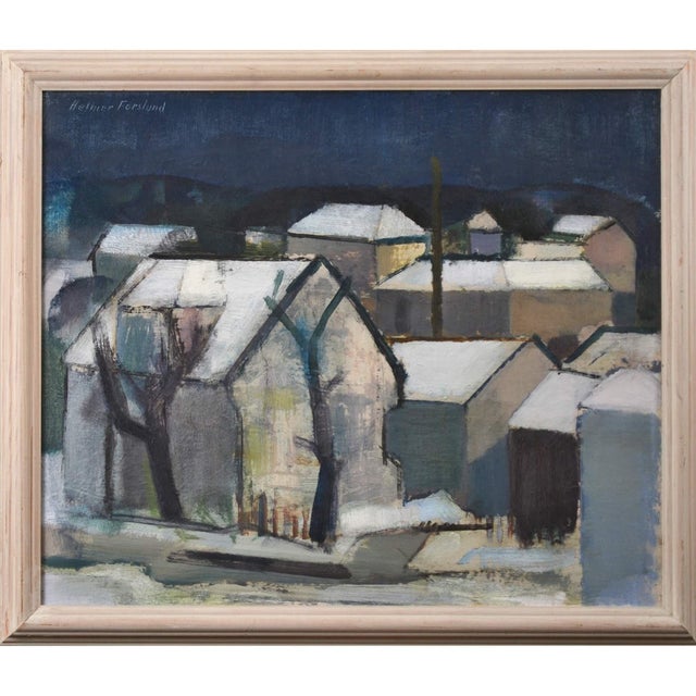 Original Swedish Oil on Canvas – “Winter Night over the City” by Helmer Forslund – Signed – Dated mid‑20th century –...