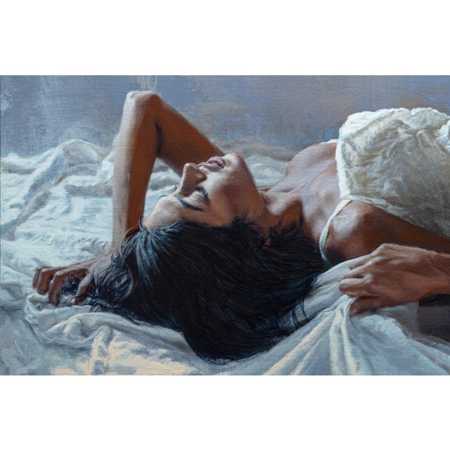 This painting depicts a reclining figure draped in soft fabric, exuding a sense of tranquility and intimacy. The gentle...