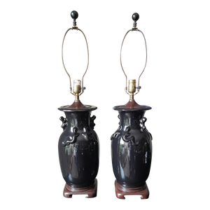 Mid 20th Century Chinese Gloss Black Salamander Decorated Porcelain Lamps - a Pair
