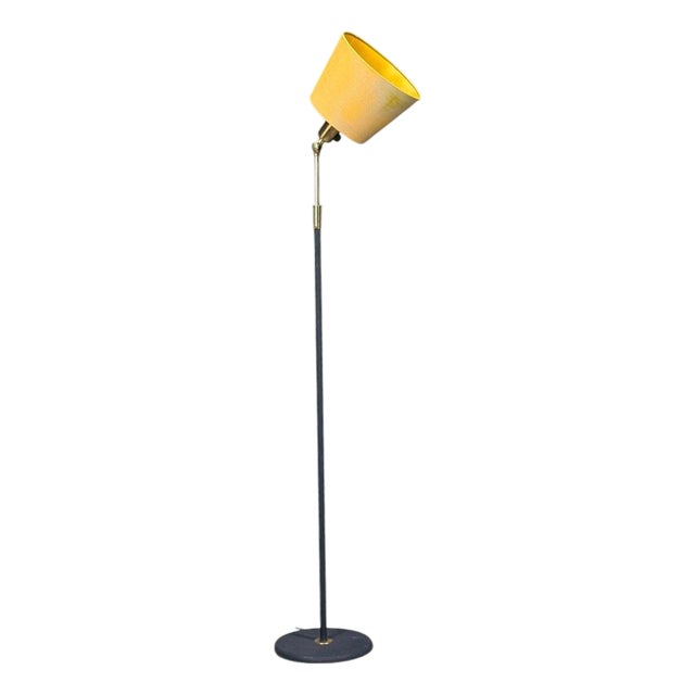 Boréns, Adjustable Floor Lamp, Blue Lacquered Metal, Brass, Fabric, Sweden, 1950s For Sale
