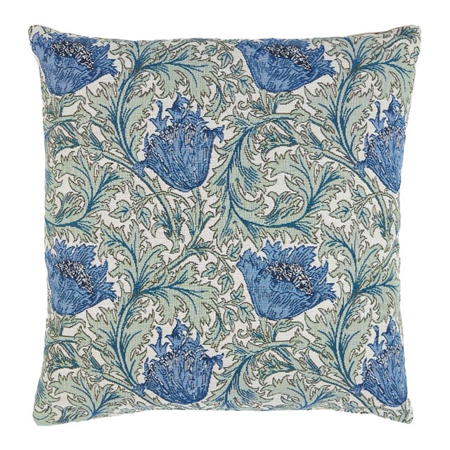 Anemone Blue Green Tapestry Cushion With Feather Filler - 46 X 46cm For Sale