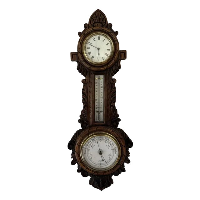 Antique Edwardian Carved Oak Banjo Clock Barometer, 1900 For Sale