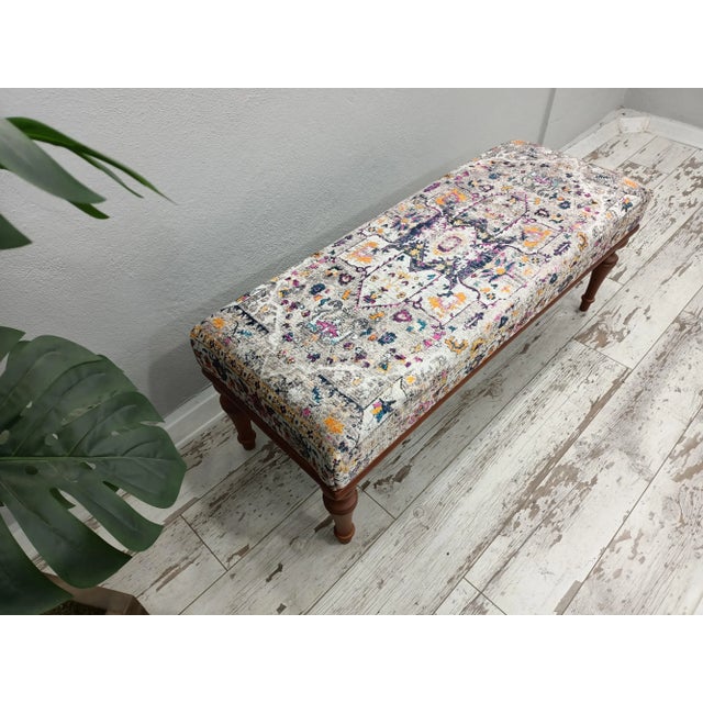 Bohemian Style Rug Print Fabric Upholstered Hallway Bench For Sale - Image 4 of 9