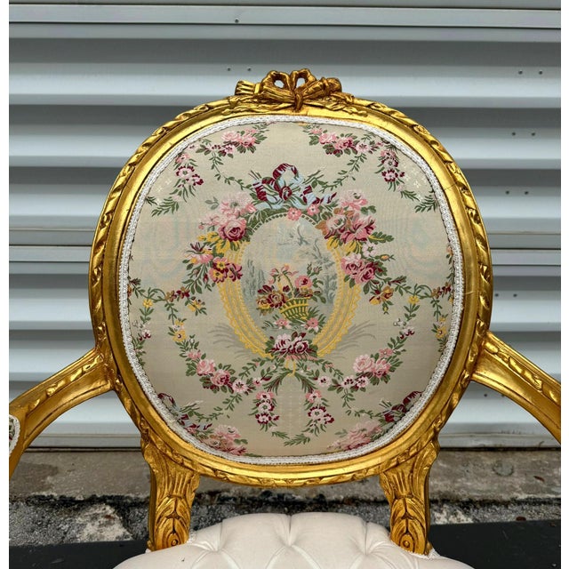 French White Velvet Chair Tufted With Gold Leaf Details French Style For Sale - Image 3 of 9