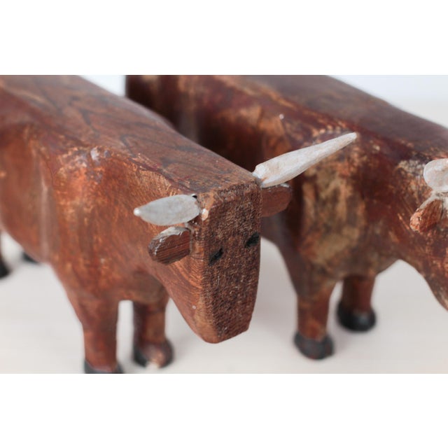 Brown Mid-Century Folk Art Hand-Carved Wooden Bull Sculptures For Sale - Image 8 of 16