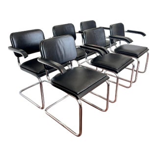 1980s Set of 6 Black Leather Arm Chairs by Marcel Breuer for Thonet Model S64 For Sale