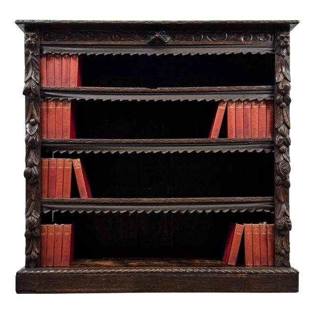 Antique Victorian Carved Oak Open Bookcase, England For Sale