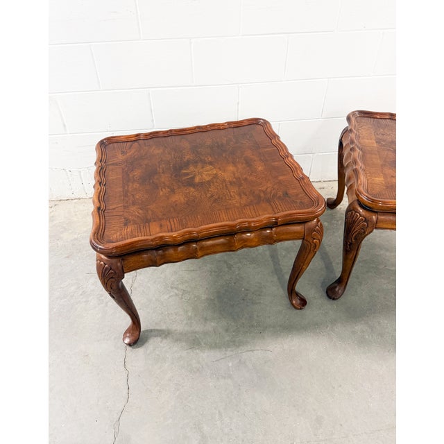 French Provincial Mid 20th Century Neoclassical French Provincial Burlwood Walnut Scalloped End Tables - A Pair For Sale - Image 3 of 12