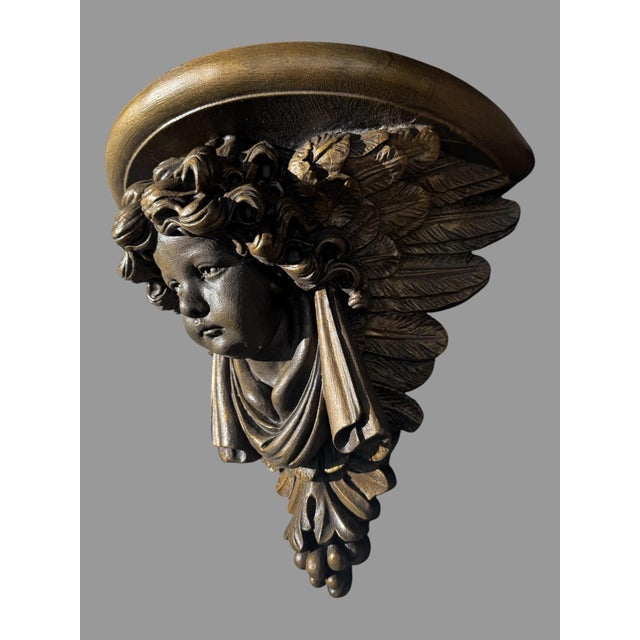 Pair of Figural Cast Resin Hanging Wall Shelves With Winged Cupid Angel Heads For Sale - Image 4 of 9