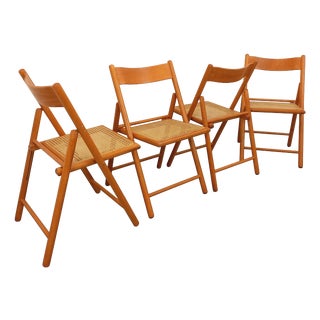 Vintage Folding Chairs in Beech Wood and Caning from Habitat, 1980s, Set of 4 For Sale