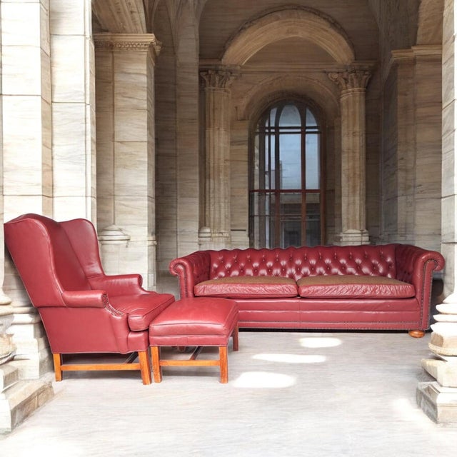 Wood Vintage-Inspired 3-Piece Leather Living Room Set With a Tufted Chesterfield Sofa, a Classic Wingback Armchair & Rectangular Ottoman. For Sale - Image 7 of 12