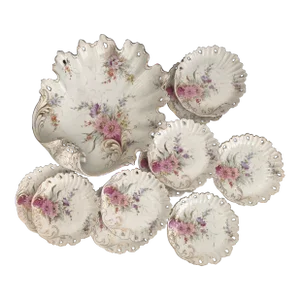 Antique 19th Century Germany Porcelain Hand Painted Floral Dessert Serving Set- 11 Pieces