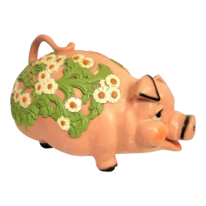 Vintage Palm Beach Regency Large Pink Green Floral Resin Pig Room Decor Bank