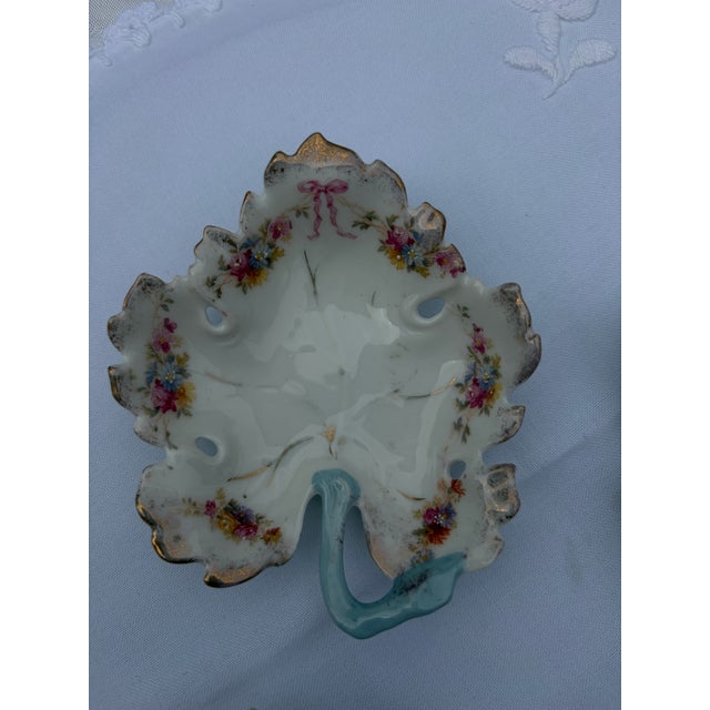 Vintage Hand-Painted Porcelain Leaf Dishes With Pink & Blue Stems - Set of 4 For Sale - Image 4 of 11