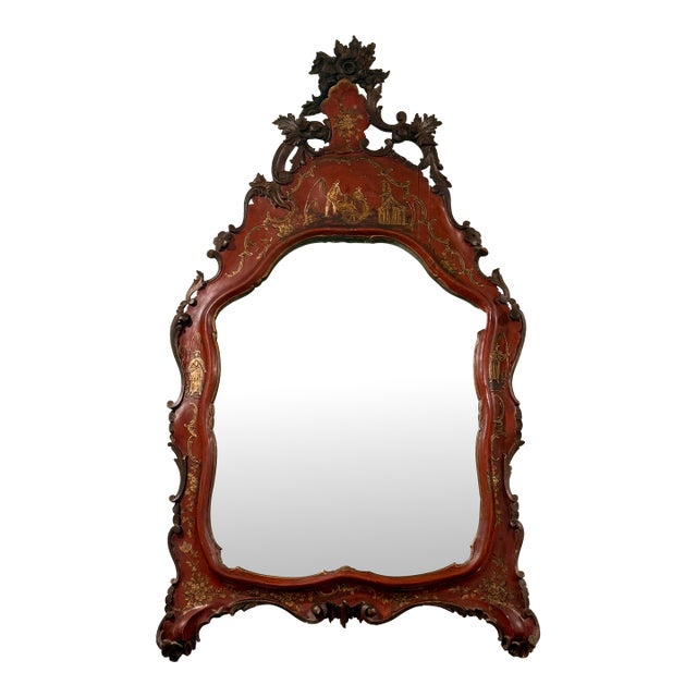 Red Chinoiserie Lacquered Mirror For Sale