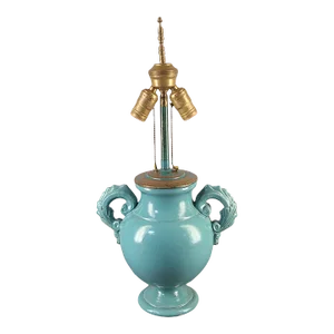 Vintage Italian Tuscan Turquoise Glazed Terracotta Pottery Vase Lamp Double Socket Original Label Carbone