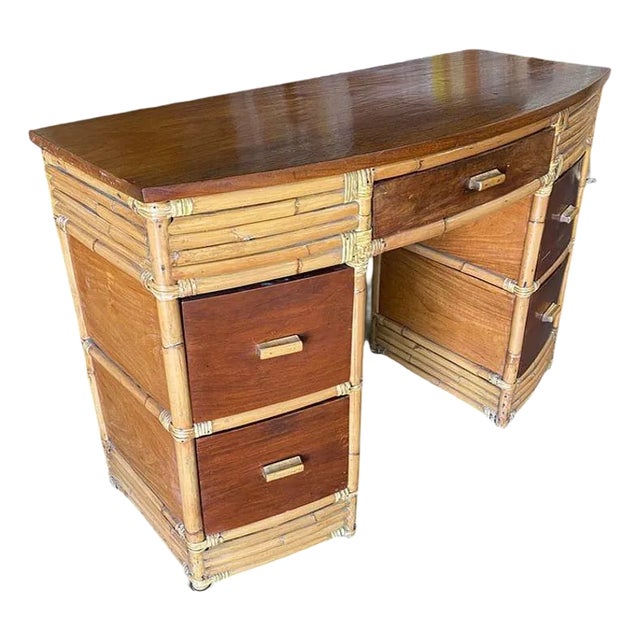 1940s Restored Bespoke Modernist Stacked Rattan & Mahogany Partner Desk For Sale