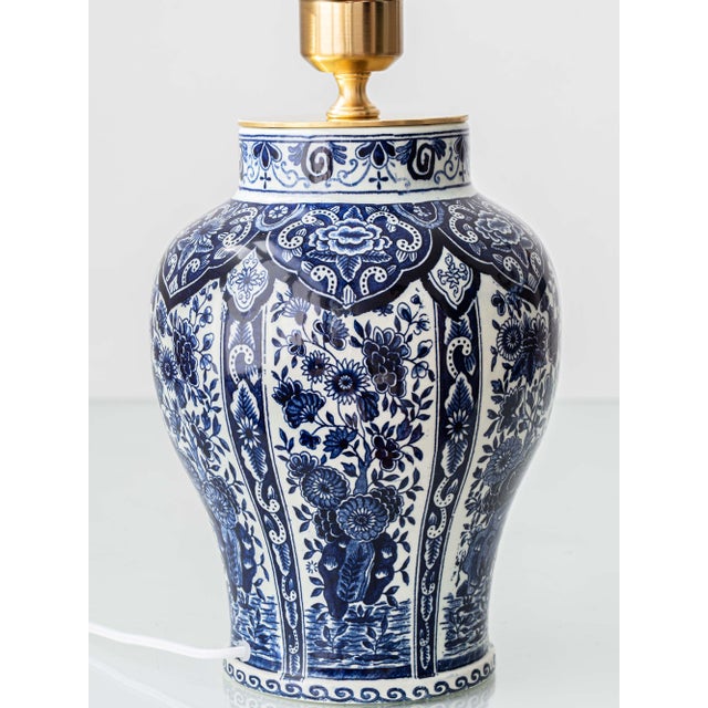 Delft Blue Ceramic Table Lamps with Persimmon Silk Shades from Boch Frères, 1960s, Set of 2 For Sale - Image 9 of 18