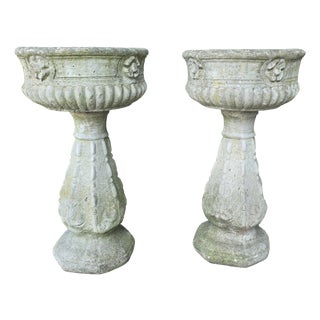 Weathered Garden Urns on Plinths, 1930, Set of 2 For Sale
