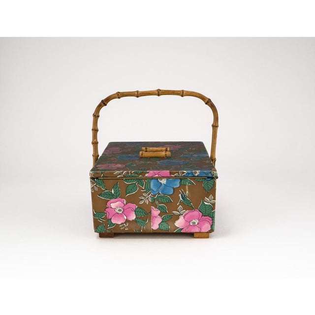 Mid-Century Sewing Basket with Bamboo Handle & Floral Decor, 1970s For Sale - Image 15 of 18