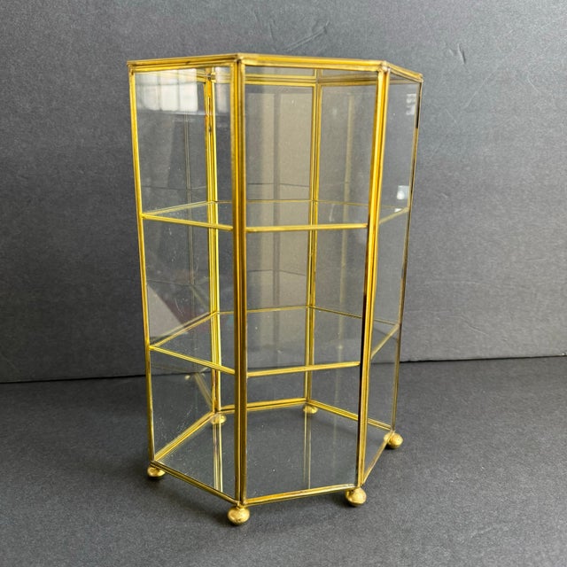 Brass Vintage Brass & Glass Display Shelf Petite Footed Curio Display Cabinet Miniature Case For Sale - Image 8 of 10