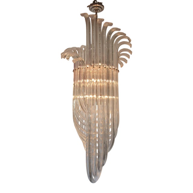 1970s Large 50 Inch Tall Mid-Century Modern Lucite and Chrome Waterfall U-Shaped Chandelier For Sale