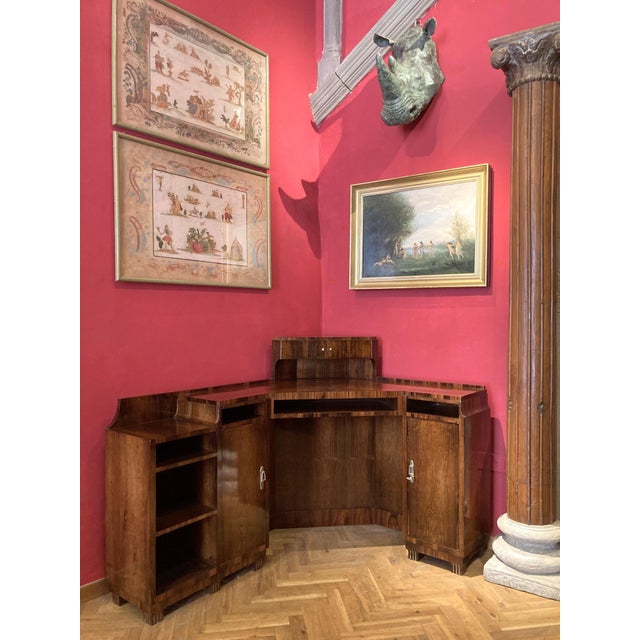 Exceptionally rare executive corner writing desk or vanity table branded Dominique, Paris. This beyond beautiful Art Deco...