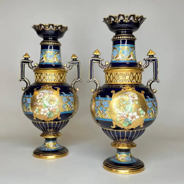 Late 19th Century Pair Floral Painted and Gilded Porcelain Vases by Fischer and Meig Circa 1880s For Sale - Image 5 of 13