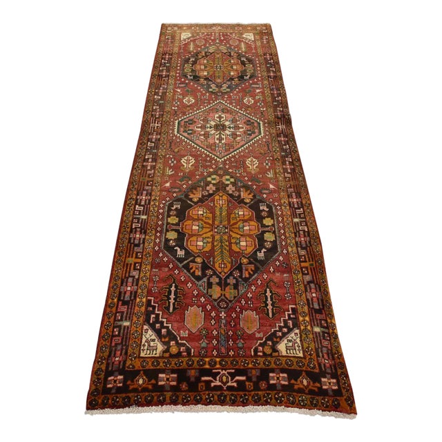 Sarab Runner 3’9” X 11′ Red Wool Semi-Antique Tribal Hand-Knotted Oriental Rug For Sale